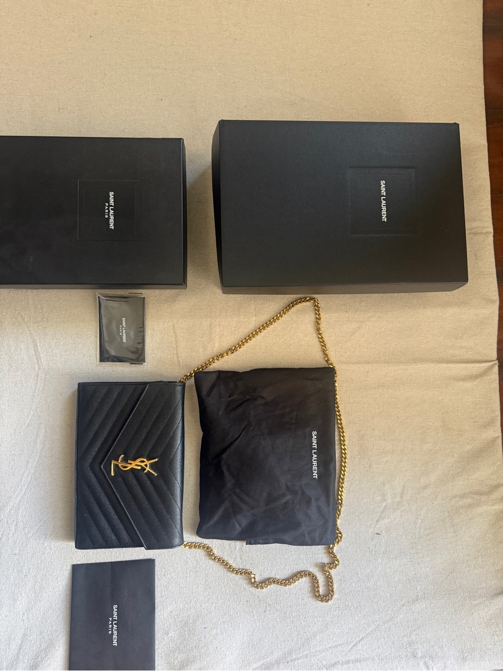 Saint Laurent Black Quilted Leather Wallet with Gold YSL Chain